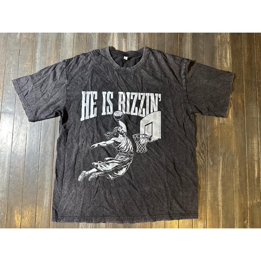 He Is Rizzin Jesus Basketball Graphic Tee Acid Wash Charcoal Grey Shirt